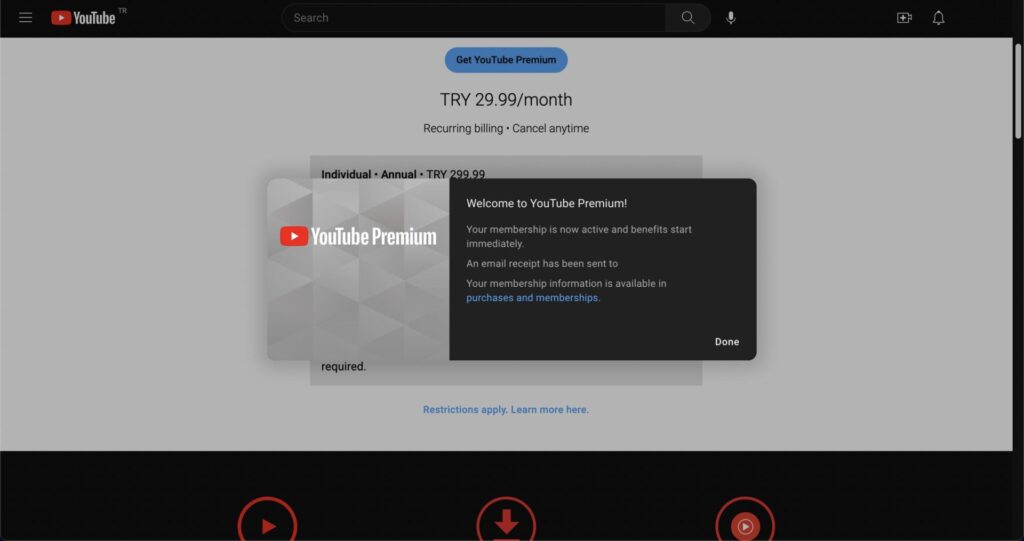 トルコのサーバーに接続して、実際にトルコのYoutube Premium年間プランに登録したい際の画像