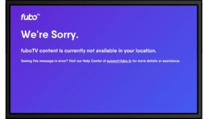 実際に日本からfubo TVにアクセスすると、「We're Sorry. fuboTV content is currently not available in your location. 」（申し訳ございません。fuboTVのコンテンツは現在、お住まいの地域ではご利用いただけません。）というメッセージが表示される