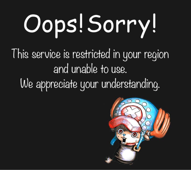 実際に日本からMANGA Plusにアクセスすると、「This service is restricted in your region and unable to use.」（このサービスはあなたの地域では使用できません。）というメッセージが表示される